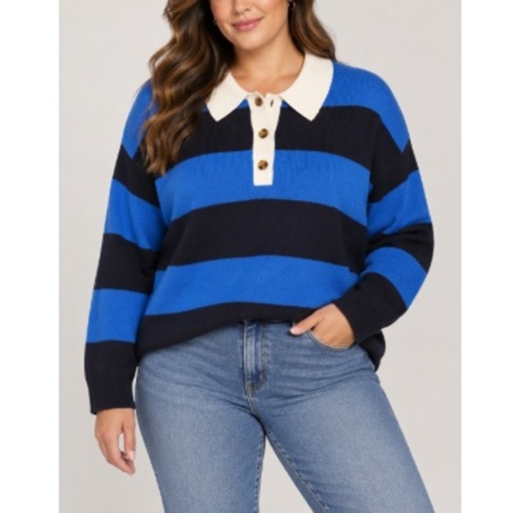 Old Navy Women's Blue Navy White SoSoft Striped Polo Sweater Size XL NWT
